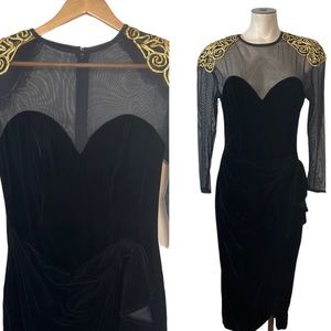 VINTAGE sz 2/4 XS/Small Long Dress Velvet Sheer Mesh Top & Back Maxi Black Gold